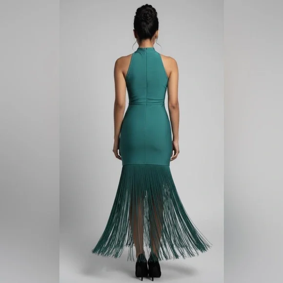 NWOT StyleByGG Emerald Green Bandage Fringe Maxi Dress -Sculpting Bodycon Size L - Picture 2 of 14